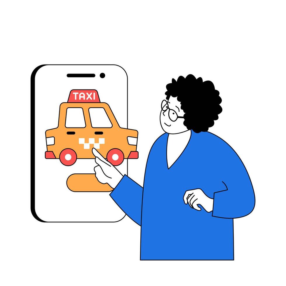 viaje concepto con dibujos animados personas en plano diseño para web. mujer yendo a vacaciones descanso y reserva Taxi utilizando en línea Servicio en aplicación vector ilustración para social medios de comunicación bandera, márketing material.