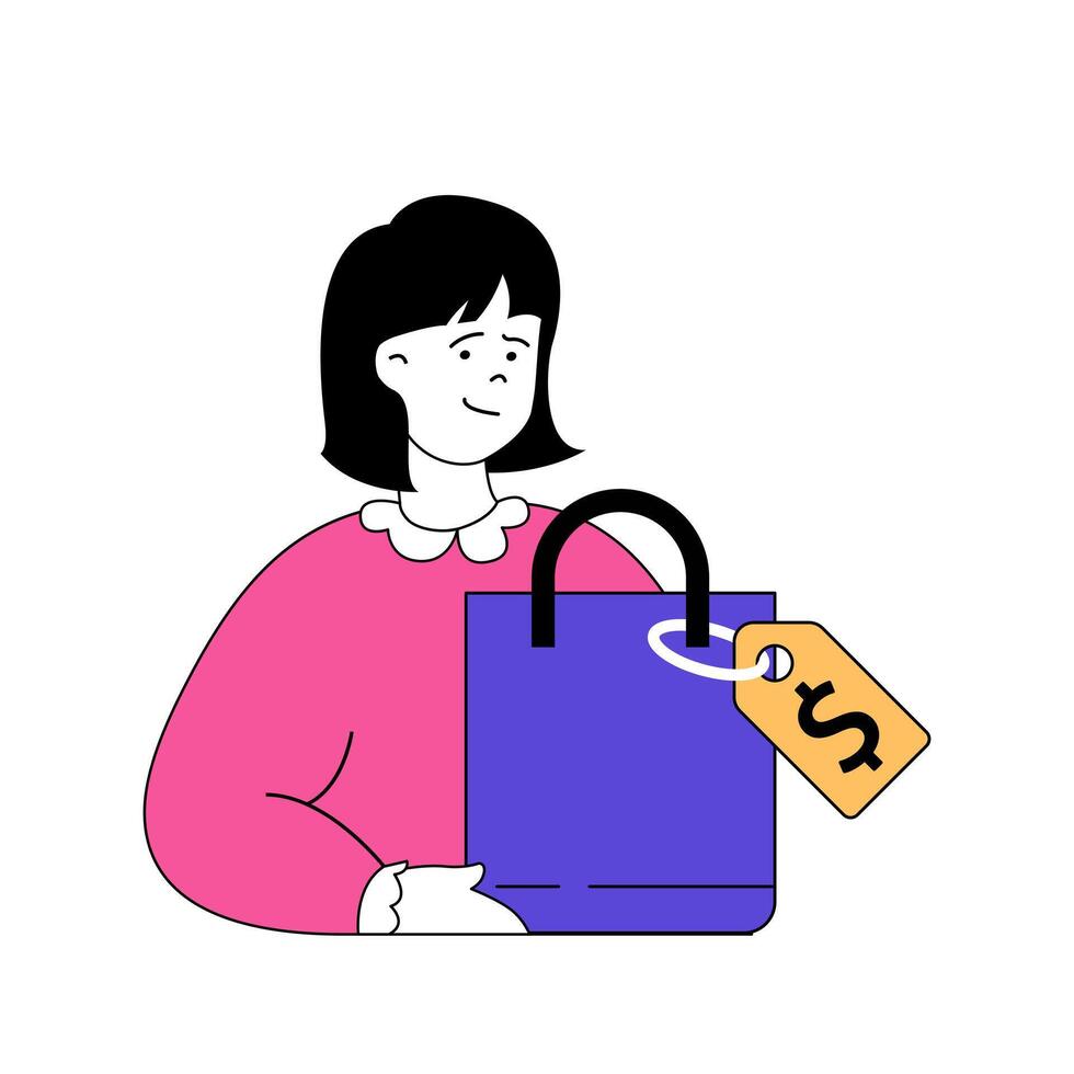 compras concepto con dibujos animados personas en plano diseño para web. mujer haciendo compras y pago con negociar precios utilizando cupones . vector ilustración para social medios de comunicación bandera, márketing material.