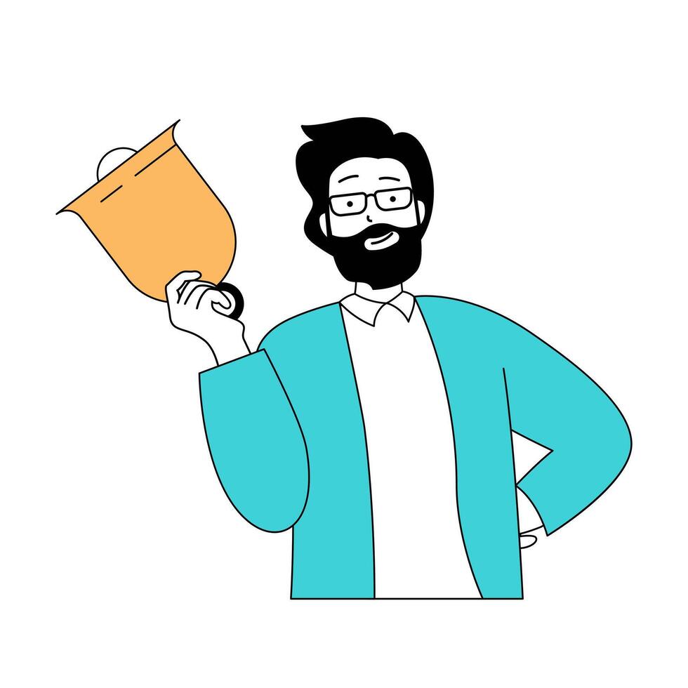 Education concept with cartoon people in flat design for web. Teacher holding bell ad welcoming pupils and students with study start. Vector illustration for social media banner, marketing material.
