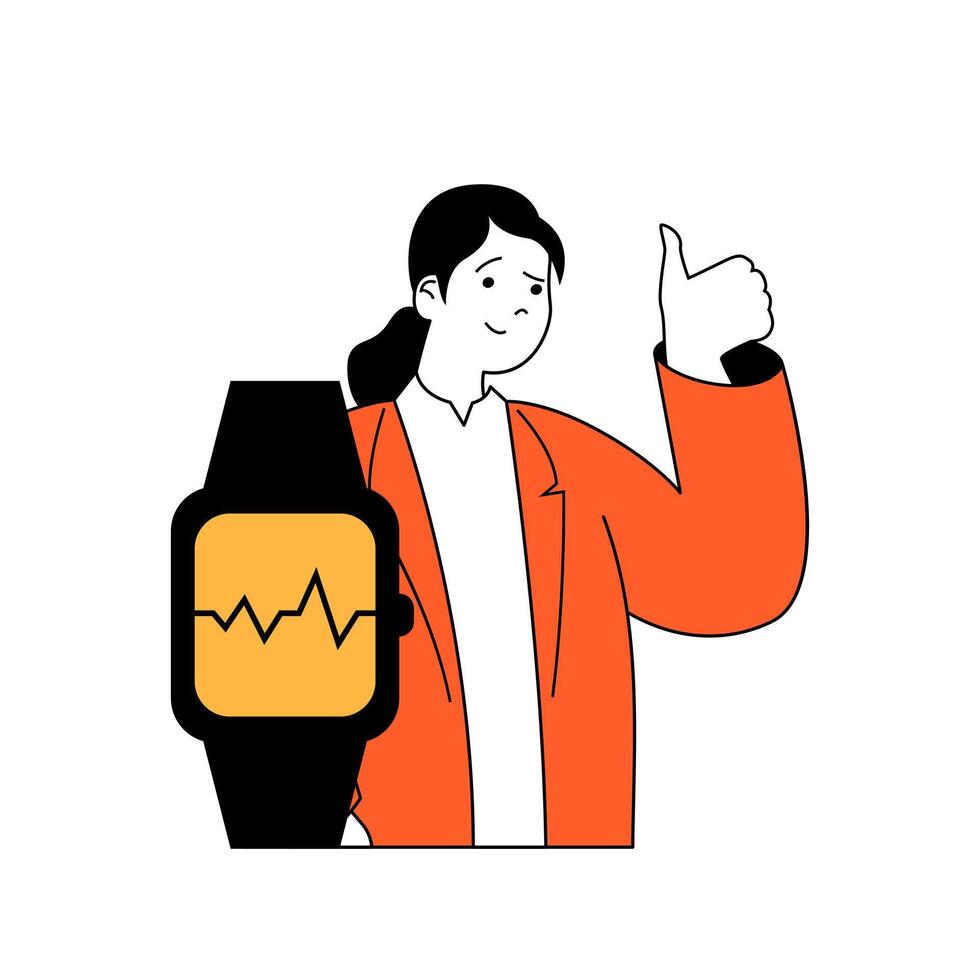 Fitness concept with cartoon people in flat design for web. Woman training and using smart watch with heartbeat tracker application. Vector illustration for social media banner, marketing material.