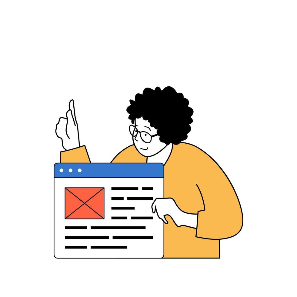 Programming concept with cartoon people in flat design for web. Woman creating and settings software interface and webpages layout. Vector illustration for social media banner, marketing material.