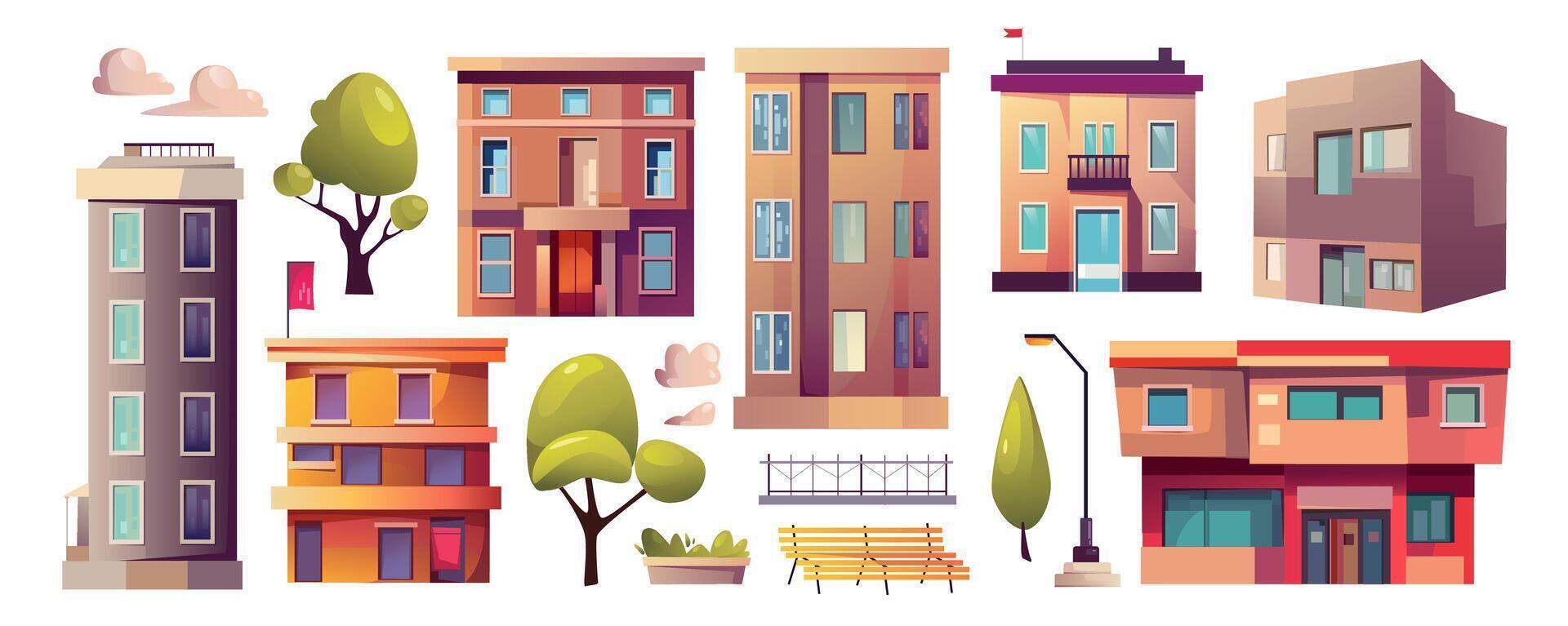 City infrastructure mega set in cartoon graphic design. Bundle elements of residential houses, office skyscrapers, shop buildings with showcase, trees, lanterns. Vector illustration isolated objects