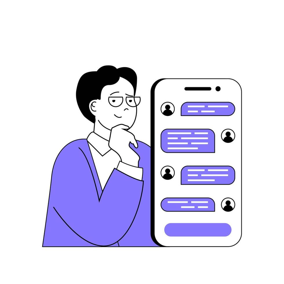 Teamwork concept with cartoon people in flat design for web. Man chatting with colleagues in mobile app, discussing work strategy. Vector illustration for social media banner, marketing material.