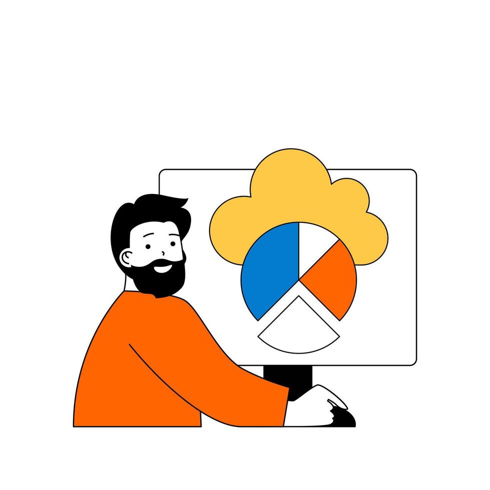 nube informática concepto con dibujos animados personas en plano diseño para web. hombre utilizando nube Procesando para datos gráfico análisis a computadora. vector ilustración para social medios de comunicación bandera, márketing material.