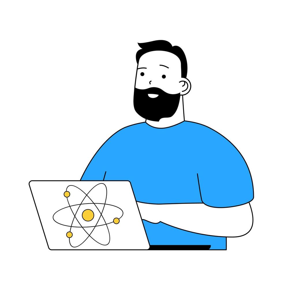 Ciencias laboratorio concepto con dibujos animados personas en plano diseño para web. científico haciendo datos análisis de átomo estructura utilizando ordenador portátil. vector ilustración para social medios de comunicación bandera, márketing material.