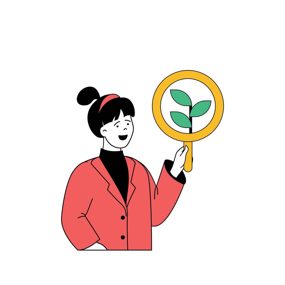 Ecology concept with cartoon people in flat design for web. Woman with magnifier doing scientific botanical researches of plants. Vector illustration for social media banner, marketing material.