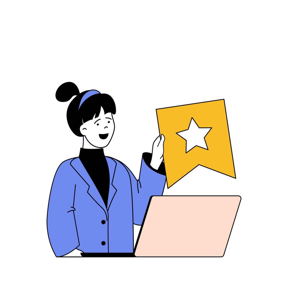 Social network concept with cartoon people in flat design for web. Woman connecting online, getting star feedback, answering comments. Vector illustration for social media banner, marketing material.