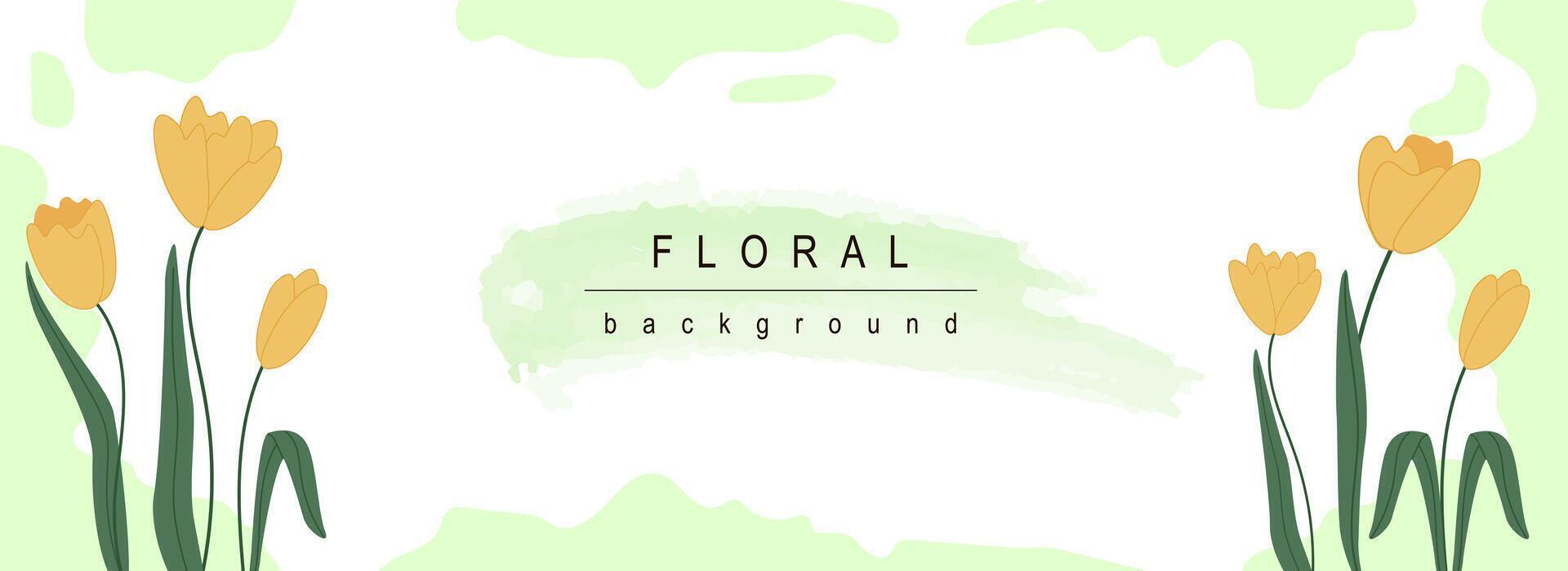 Floral horizontal web banner. Abstract blooming yellow tulips twigs with green leaves on springtime fresh green background. Vector illustration for header website, cover templates in modern design