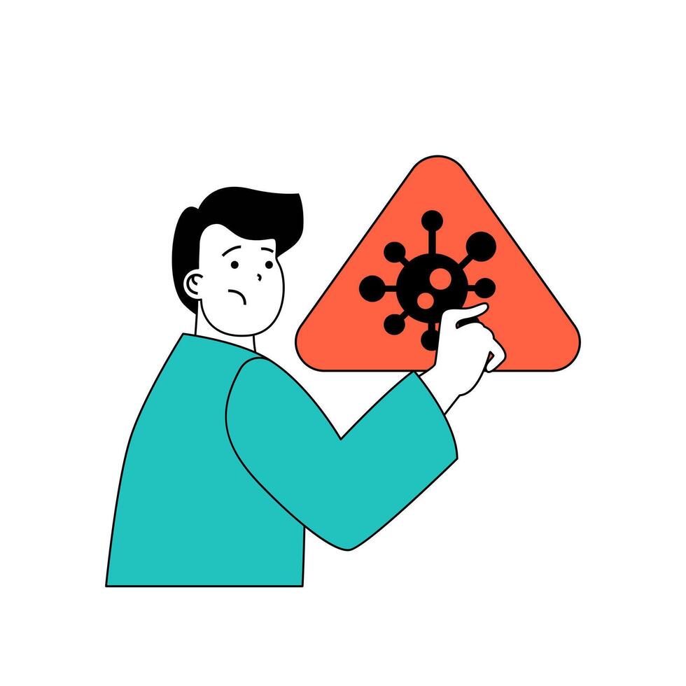 Coronavirus concept with cartoon people in flat design for web. Man seeing warning sign with spread of danger virus infection disease. Vector illustration for social media banner, marketing material.