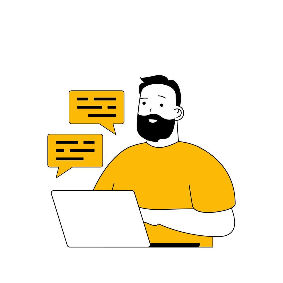 Digital business concept with cartoon people in flat design for web. Man chatting with client, promoting online store in social media. Vector illustration for social media banner, marketing material.