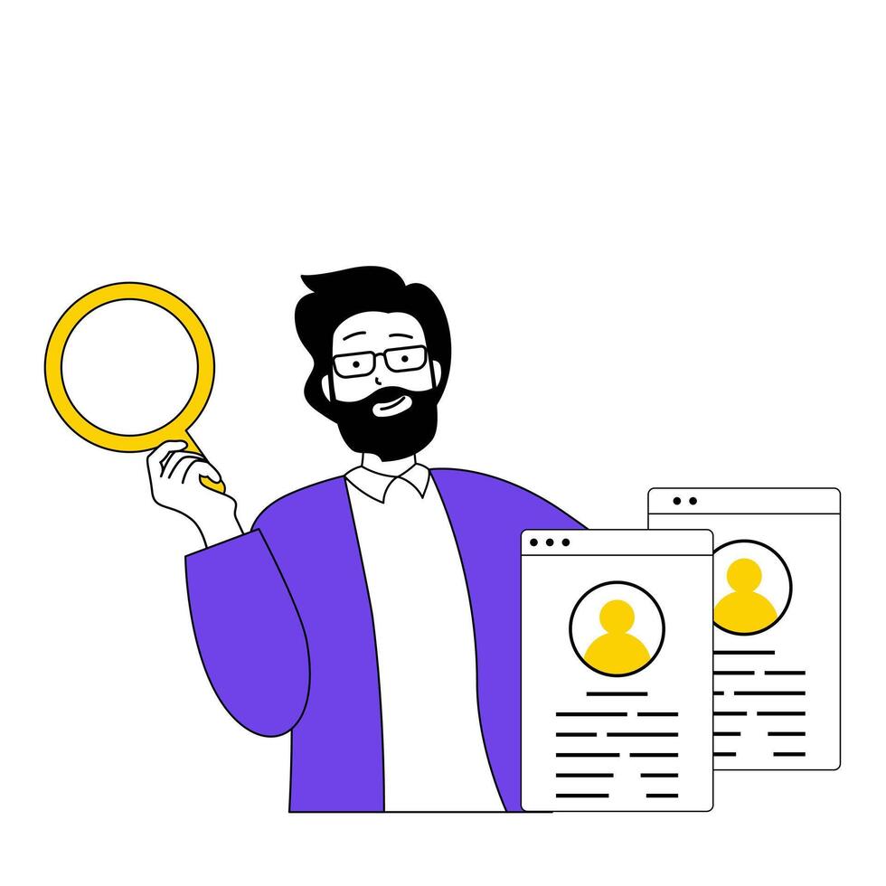 Recruitment concept with cartoon people in flat design for web. Man with magnifier searching employees at open vacancies at company. Vector illustration for social media banner, marketing material.