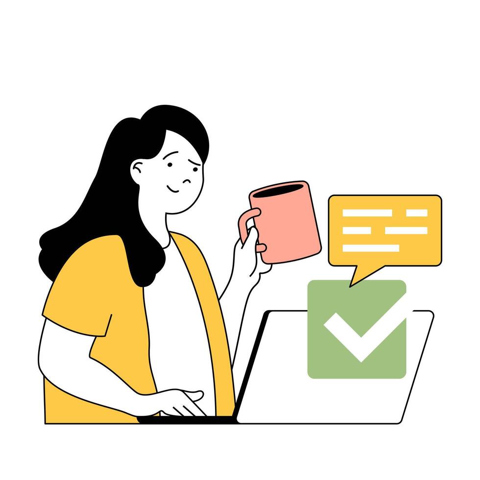 Time management concept with cartoon people in flat design for web. Woman working at project tasks on laptop and chatting with staff. Vector illustration for social media banner, marketing material.
