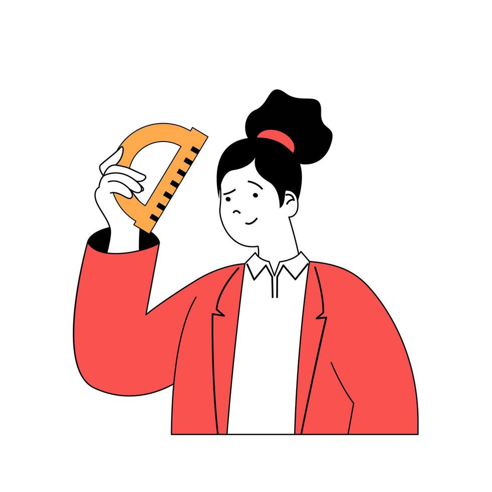 School learning concept with cartoon people in flat design for web. Teacher holds ruler and explaining information at geometry class. Vector illustration for social media banner, marketing material.