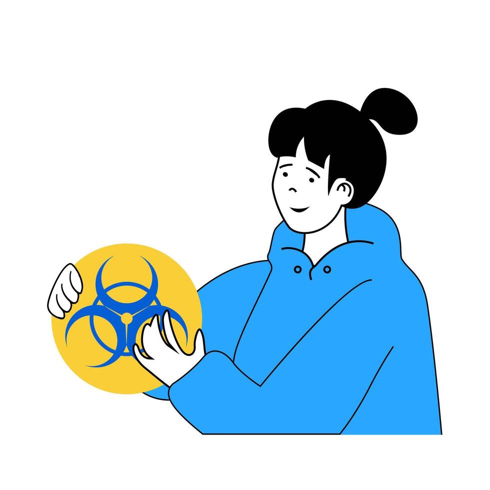 Science laboratory concept with cartoon people in flat design for web. Scientist holding biohazard sign and biological alertness. Vector illustration for social media banner, marketing material.