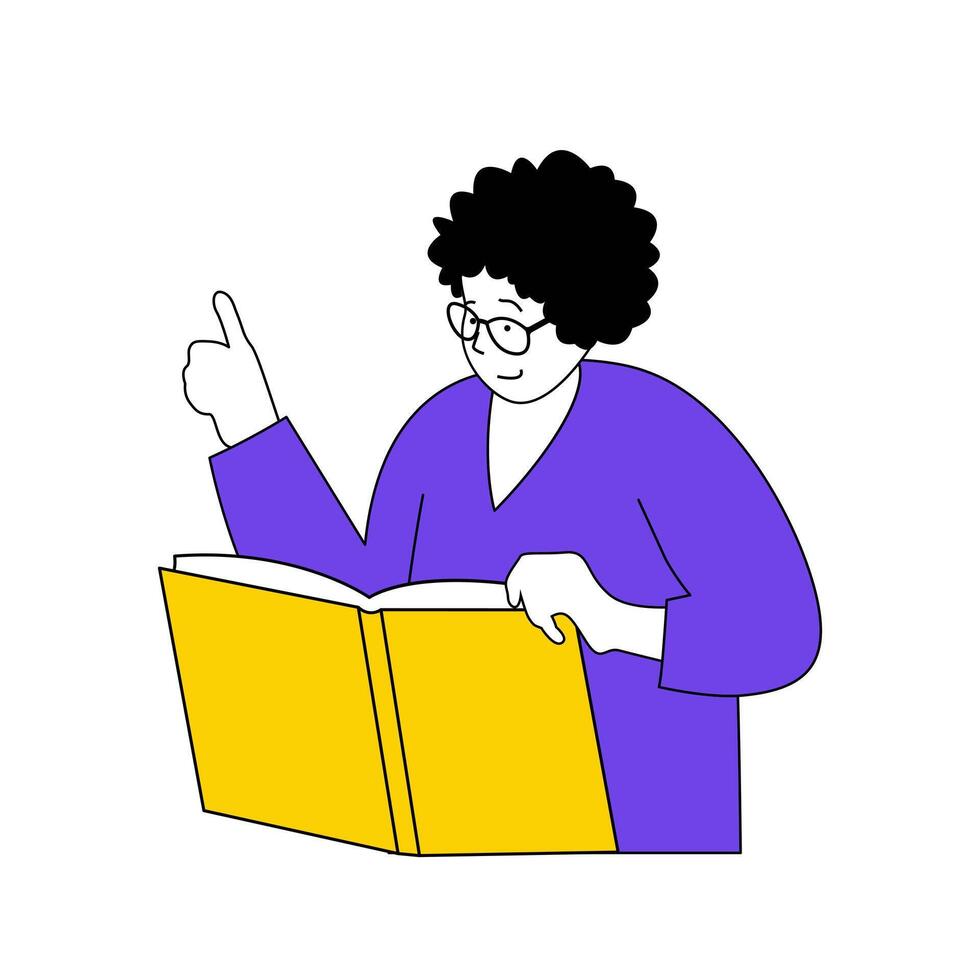 Book reading concept with cartoon people in flat design for web. Woman holding open textbook and explaining at literature lesson. Vector illustration for social media banner, marketing material.