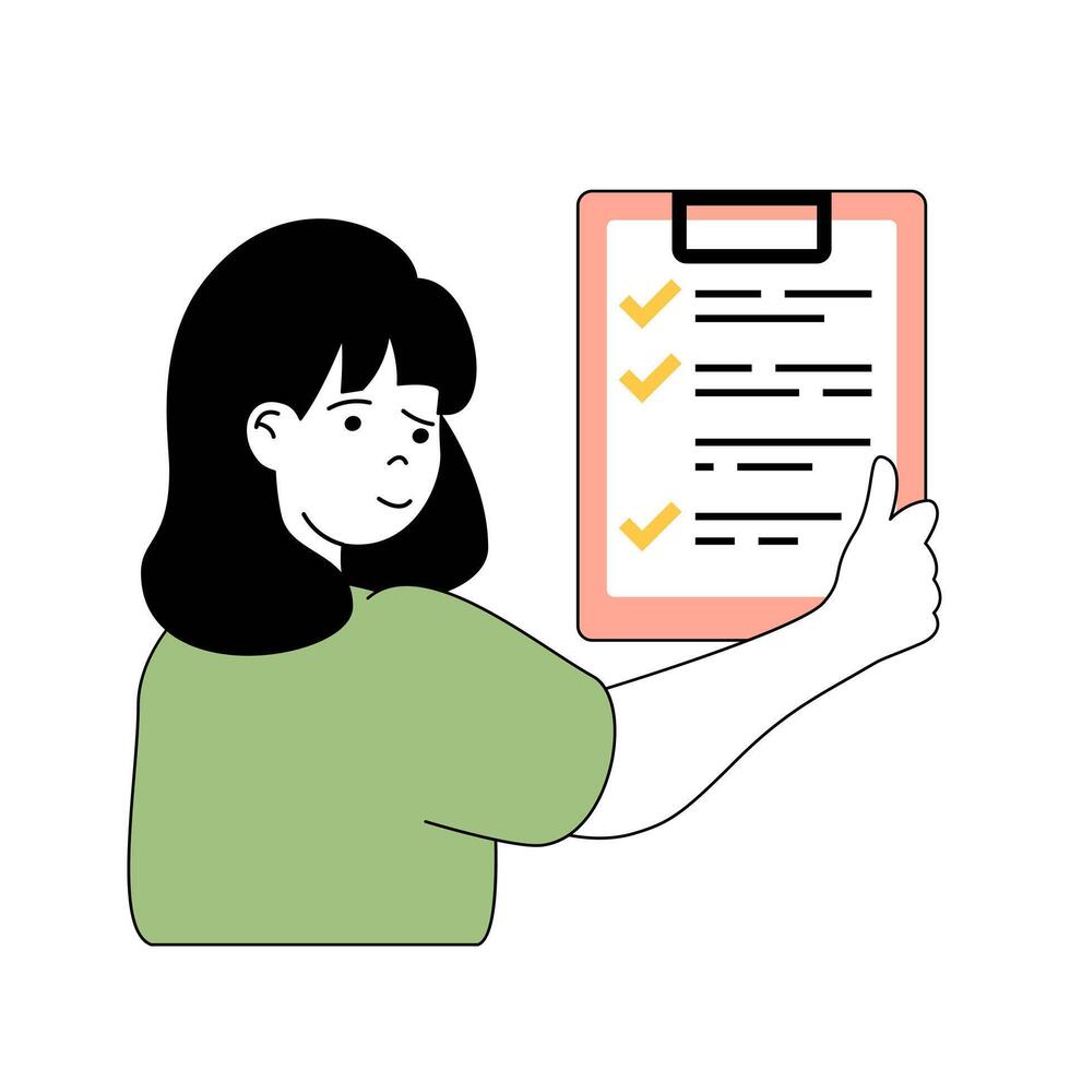 hora administración concepto con dibujos animados personas en plano diseño para web. mujer organiza eficiencia trabajo con personal calendario y Lista de Verificación. vector ilustración para social medios de comunicación bandera, márketing material.