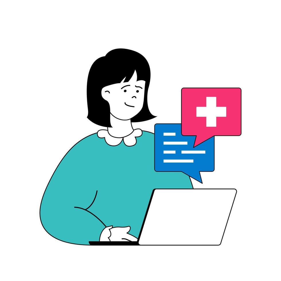 médico concepto con dibujos animados personas en plano diseño para web. mujer consiguiendo en línea consulta y chateando con médico por ordenador portátil. vector ilustración para social medios de comunicación bandera, márketing material.