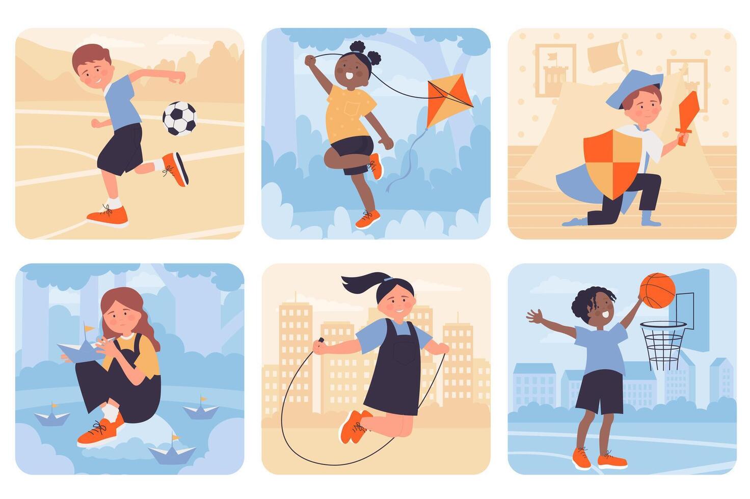 Kids play games concept with people situation set in flat web design. Bundle scenes with multiethnic characters play football or basketball, fly kite, launch paper boats, other. Vector illustrations.