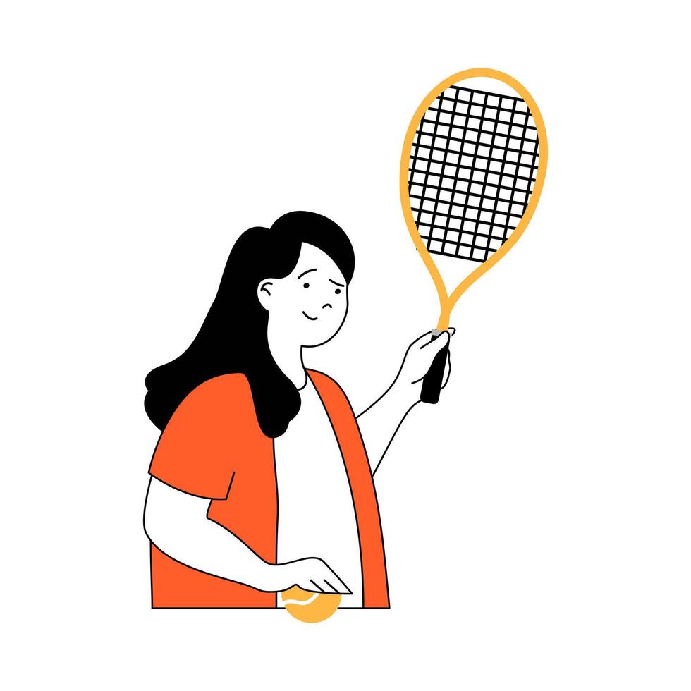 Fitness concept with cartoon people in flat design for web. Woman with racket and ball playing tennis and training for competition. Vector illustration for social media banner, marketing material.