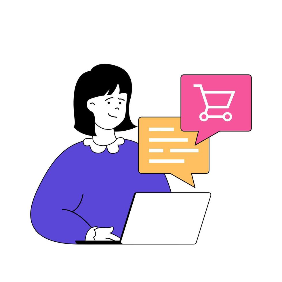 compras concepto con dibujos animados personas en plano diseño para web. mujer haciendo compras a en línea Tienda y consiguiendo consulta en charlar. vector ilustración para social medios de comunicación bandera, márketing material.