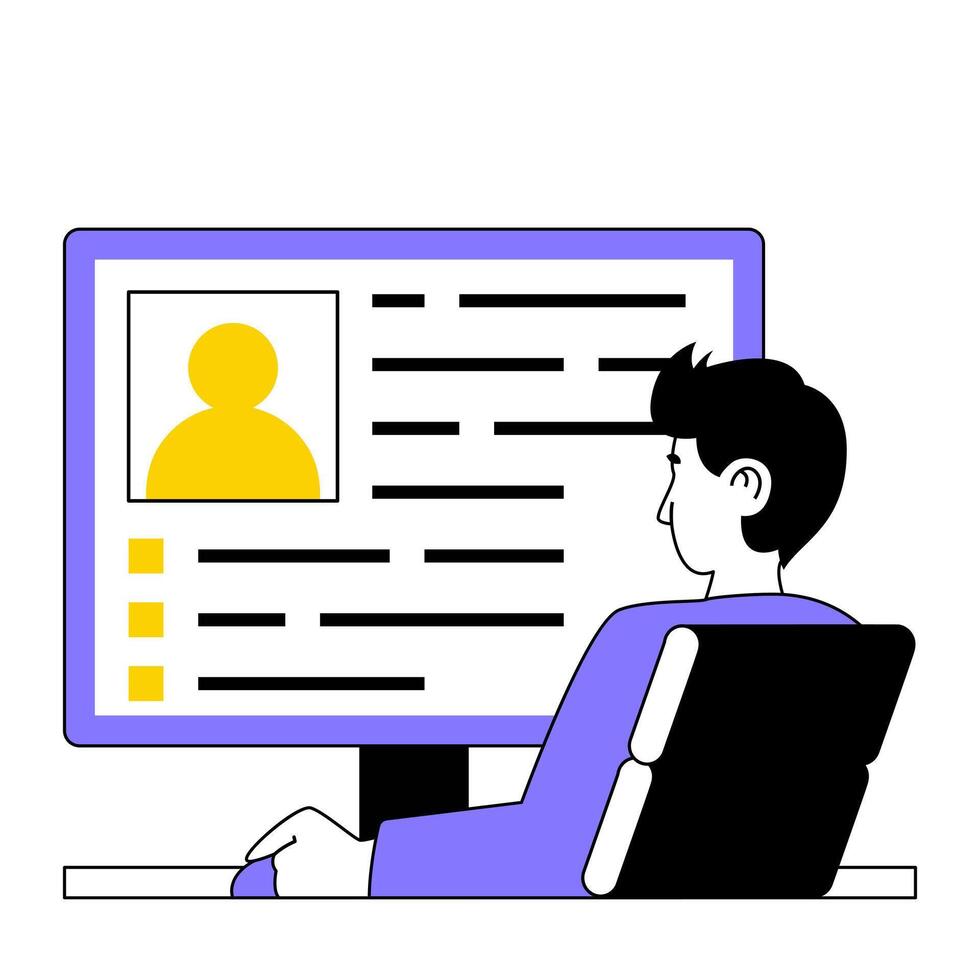 Recruitment concept with cartoon people in flat design for web. Man choosing cv candidate and reading professional information online. Vector illustration for social media banner, marketing material.