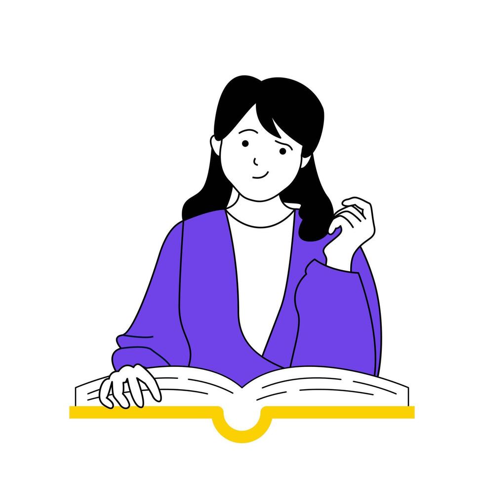 libro leyendo concepto con dibujos animados personas en plano diseño para web. mujer lee ficción texto o gráfico novedoso, aprendizaje con libro de texto. vector ilustración para social medios de comunicación bandera, márketing material.