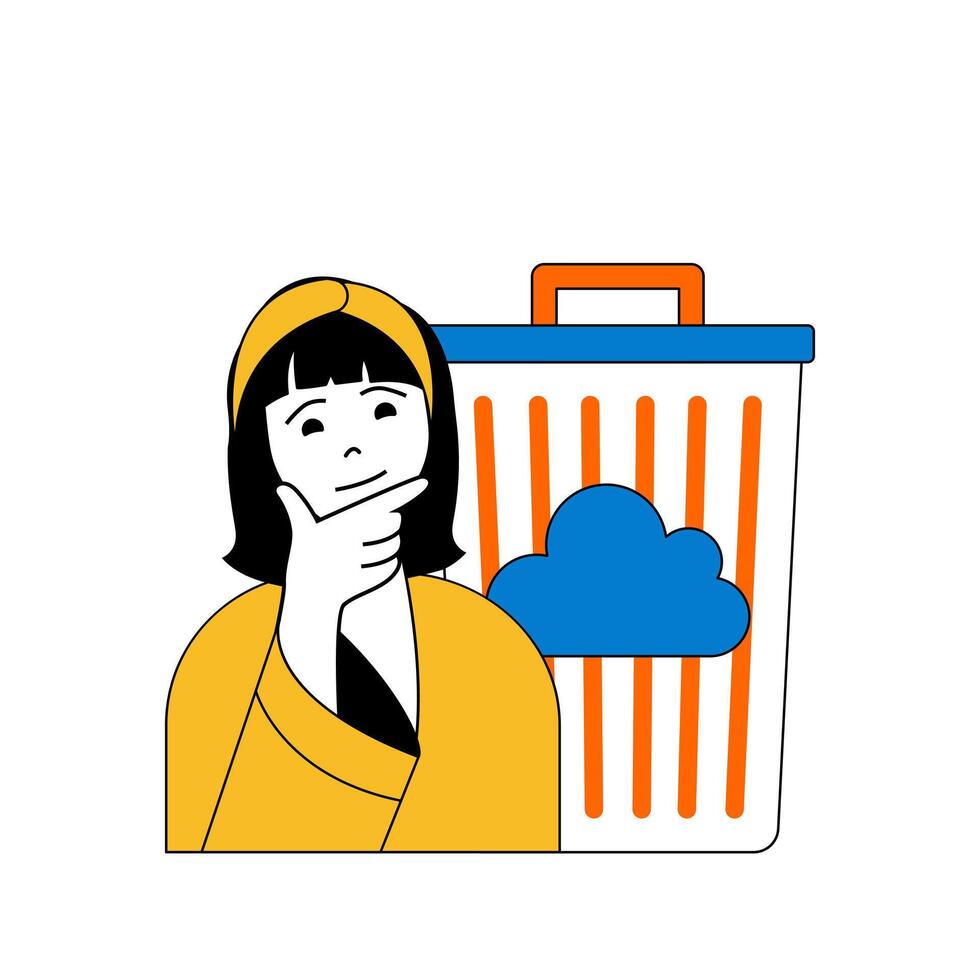 Cloud computing concept with cartoon people in flat design for web. Woman using cloud storage, managing files in virtual trash bin. Vector illustration for social media banner, marketing material.