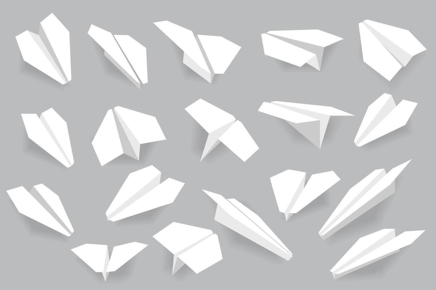Realistic paper planes mega set in flat design. Bundle elements of different views of white handmade origami aircrafts for business idea or message sings. Vector illustration isolated graphic objects