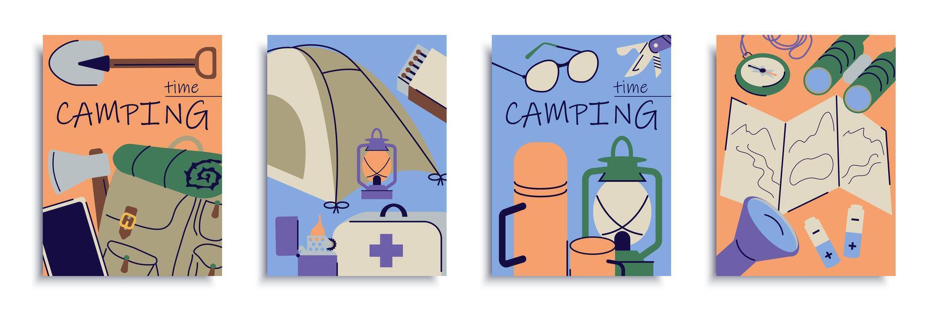Camping time cover brochure set in flat design. Poster templates with touristic symbols, hiking route map, backpacks, campsite tent, flashlight, lantern, axe and other equipment. Vector illustration.
