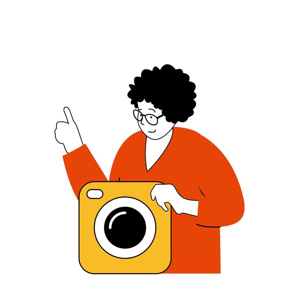 Social network concept with cartoon people in flat design for web. Woman creating new posts to online blog and sharing photo and image. Vector illustration for social media banner, marketing material.