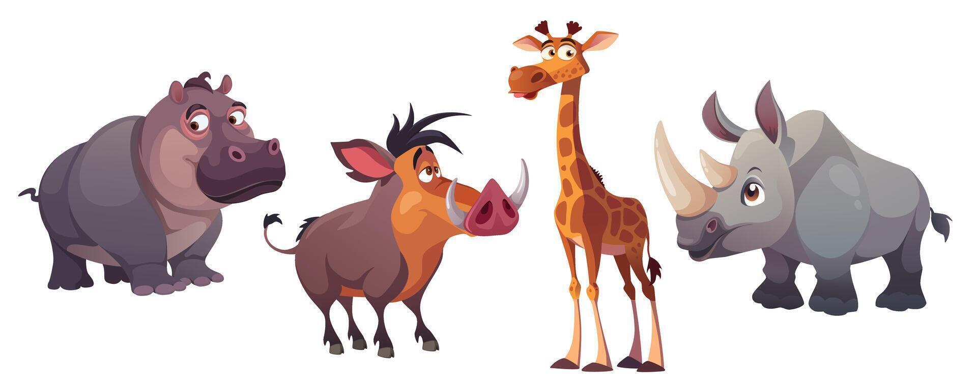 África animales mega conjunto en dibujos animados gráfico diseño. haz elementos de hipopótamo, jabalí Jabali, jirafa y rinoceronte. africano linda zoo mascotas de safari parque. vector ilustración aislado objetos