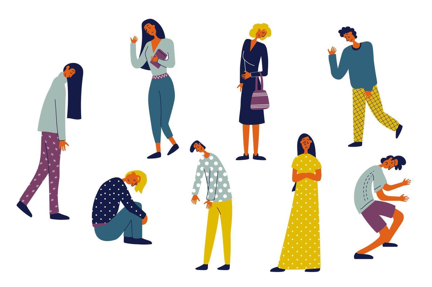Unhappy people set in flat character design for web. Bundle persons of different women and men with depressed expression, crying, frustrated feelings, confused reaction and upset. Vector illustration.