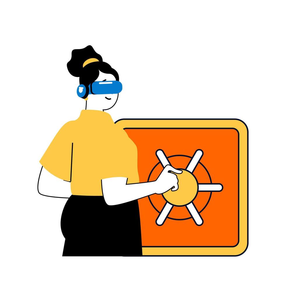 Virtual reality concept with cartoon people in flat design for web. Woman in VR headset using online bank system simulation with safe. Vector illustration for social media banner, marketing material.
