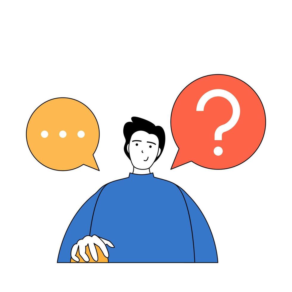 Social media concept with cartoon people in flat design for web. Man with question searching information and communicating online. Vector illustration for social media banner, marketing material.