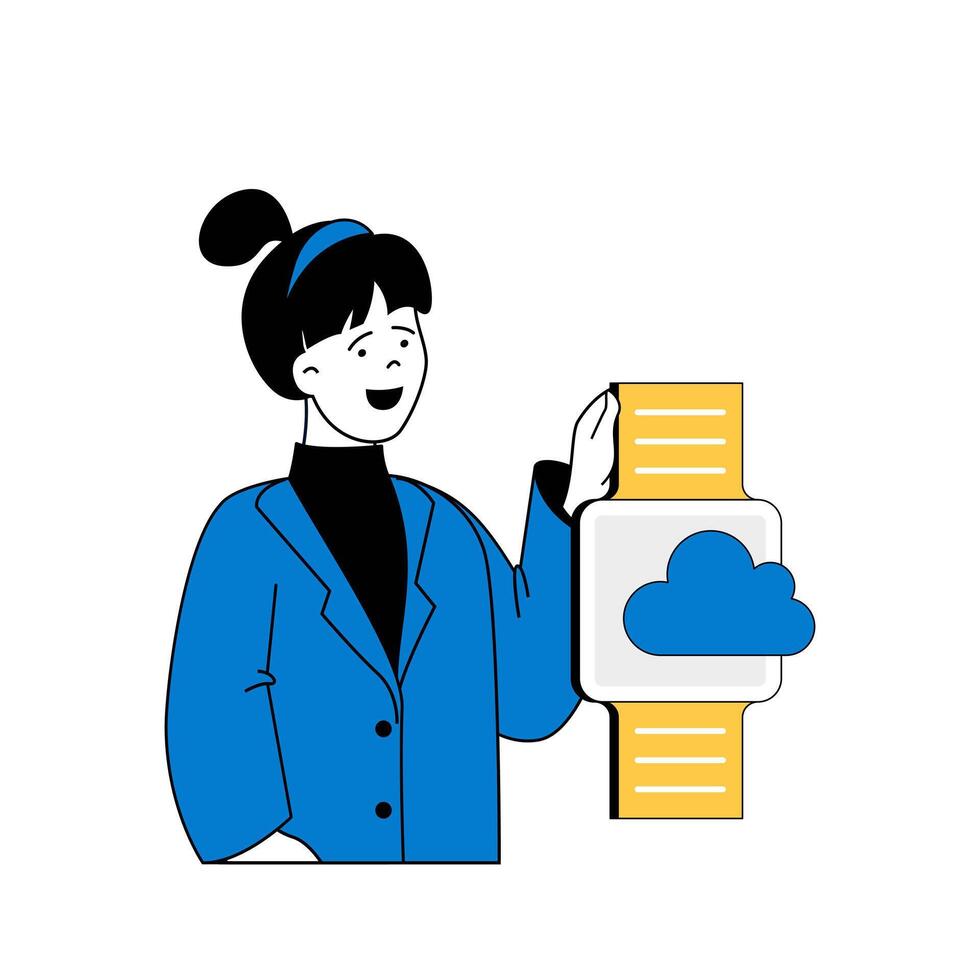 Cloud computing concept with cartoon people in flat design for web. Woman working with cloud storage technology and using hosting. Vector illustration for social media banner, marketing material.