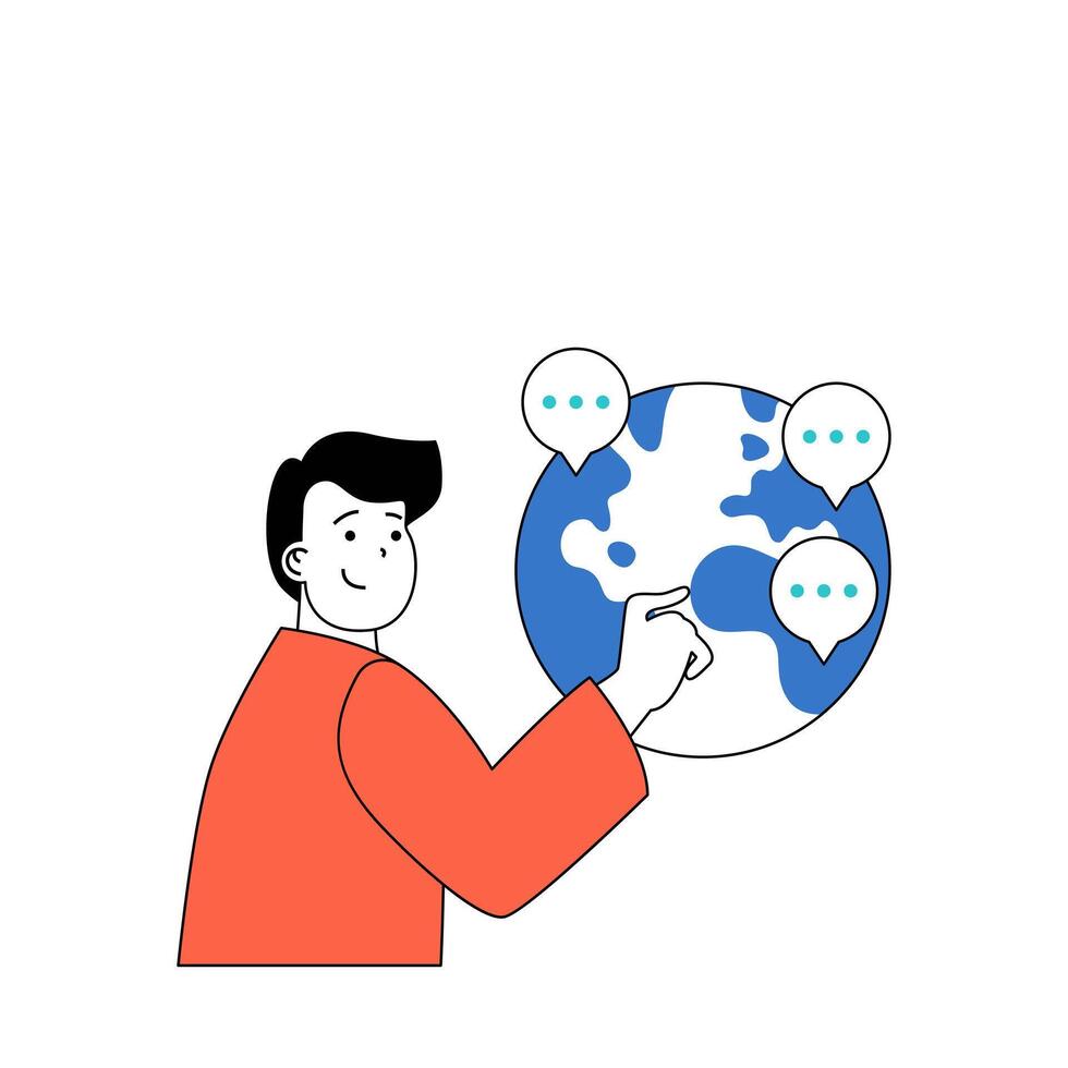 Social media concept with cartoon people in flat design for web. Man connecting online and chatting with users from global internet. Vector illustration for social media banner, marketing material.