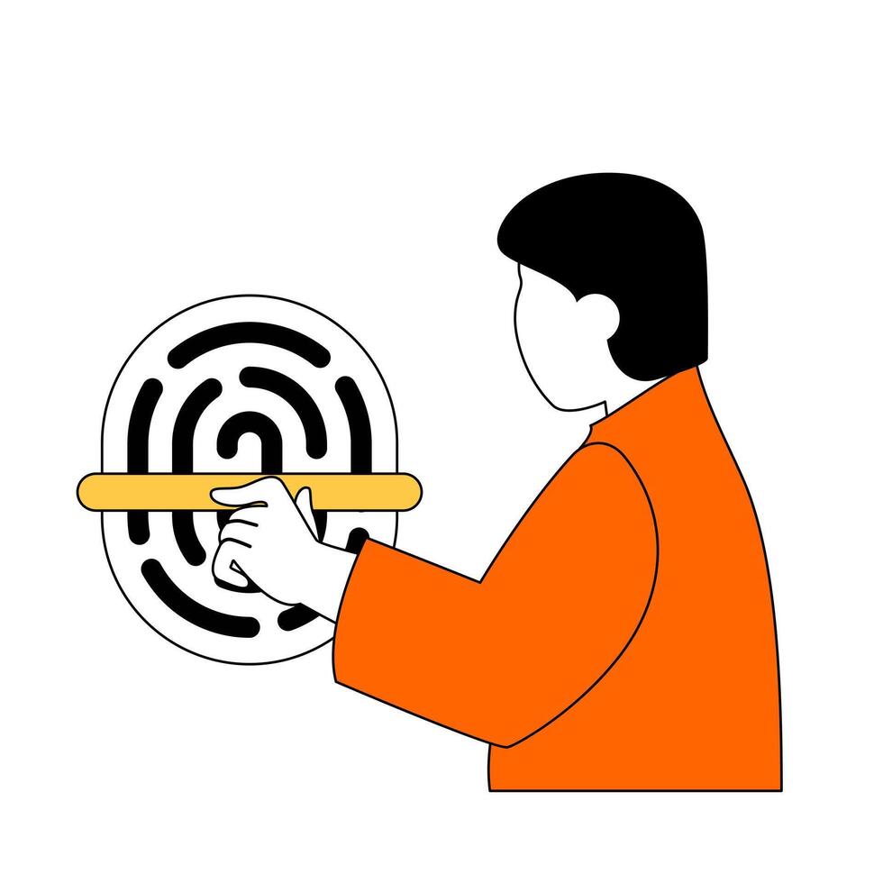 Virtual reality concept with cartoon people in flat design for web. Man uses fingerprint scan for biometrics identity, safety access. Vector illustration for social media banner, marketing material.
