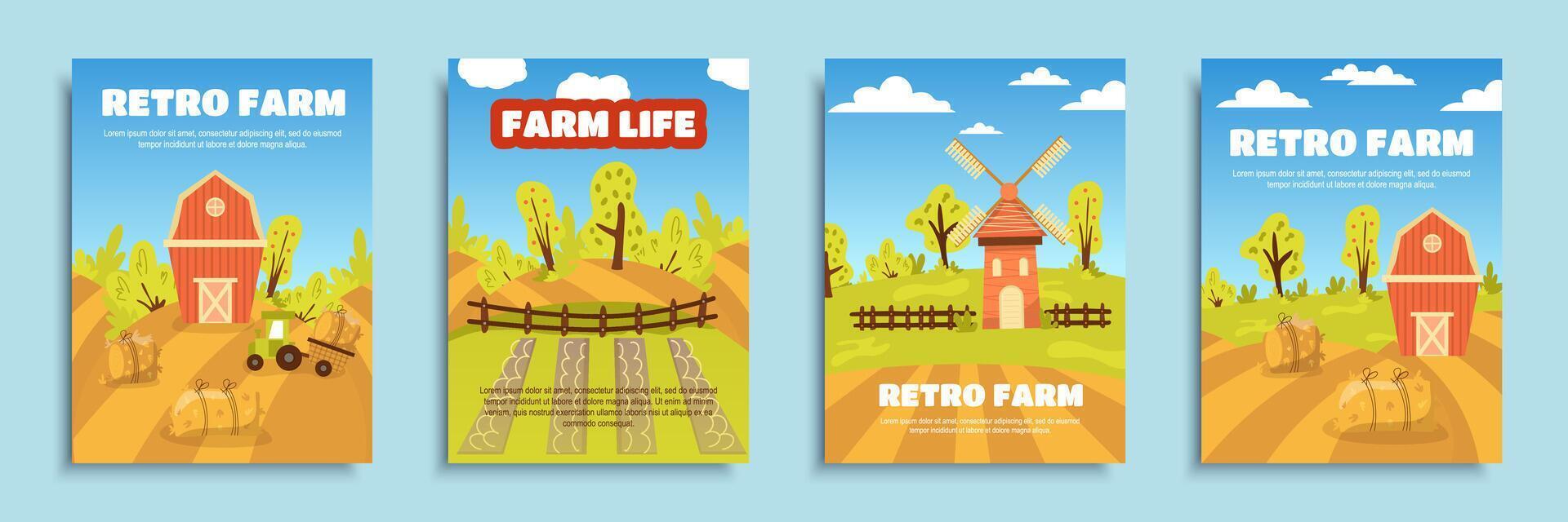 Retro farm cover brochure set in flat design. Poster templates with wooden barns and mills, tractors by haystacks, fields, farmland plantations, gardening and agronomy business. Vector illustration