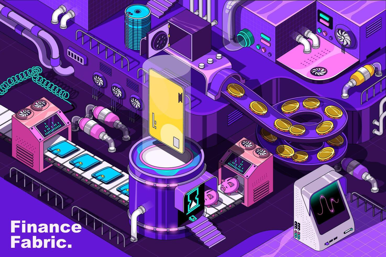 Finance web concept in 3d isometric design. Bank system, money management, investment, currency exchange. Abstract fabric production line in isometry graphic for corporate poster. Vector illustration.