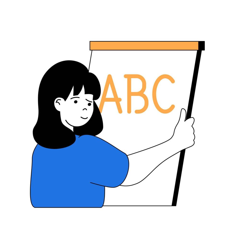 School learning concept with cartoon people in flat design for web. Teacher explaining alphabet and new language to pupils at class. Vector illustration for social media banner, marketing material.