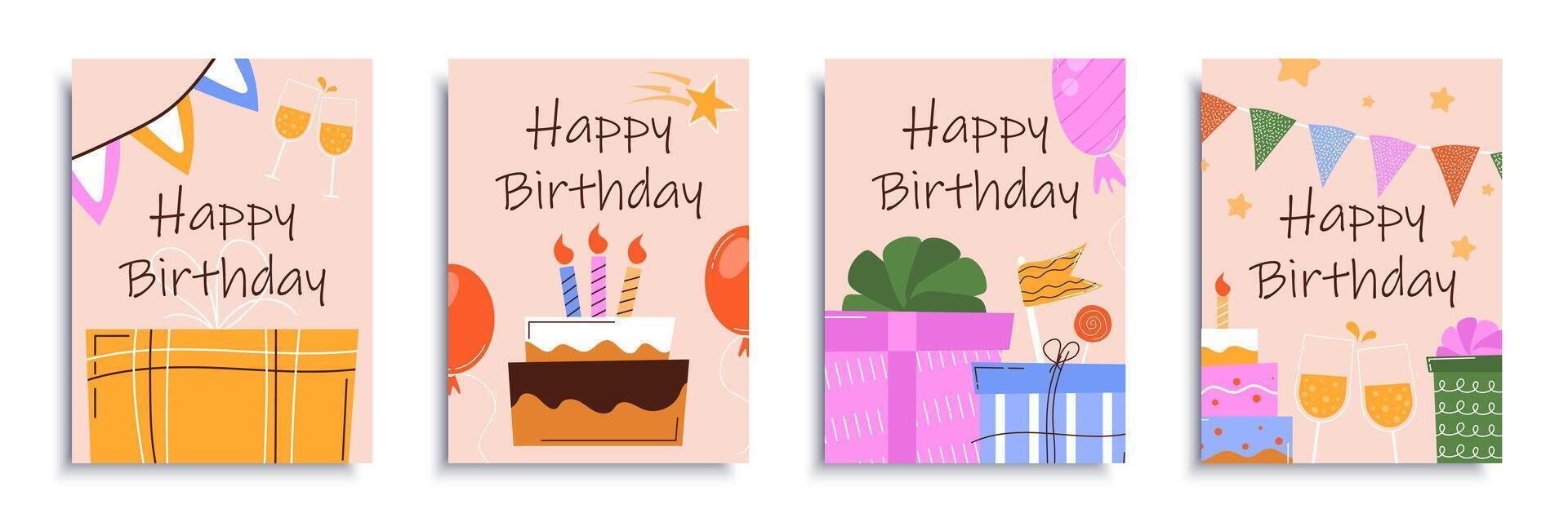 Happy birthday cover brochure set in flat design. Poster templates with surprise party decor and celebration symbols, gifts, flag garlands, cake with candles, glasses champagne. Vector illustration.