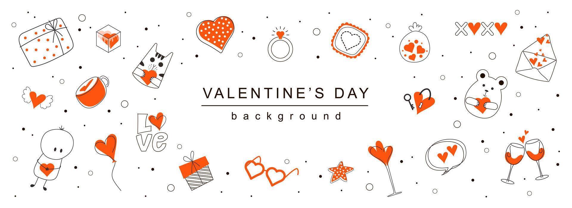 Valentine Day horizontal web banner. Hearts, gifts, letters, rings, kiss, love and other symbols pattern on white background. Vector illustration for header website, cover templates in modern design