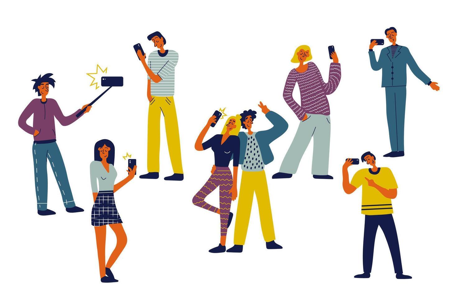 People with mobile phones set in flat character design for web. Bundle persons of different women and men work using smartphones, doing selfies, shooting photos, chatting online. Vector illustration.