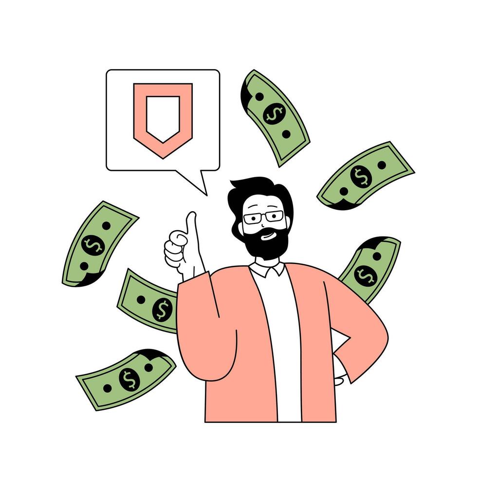 Insurance service concept with cartoon people in flat design for web. Man using assurance protection for financial transactions. Vector illustration for social media banner, marketing material.