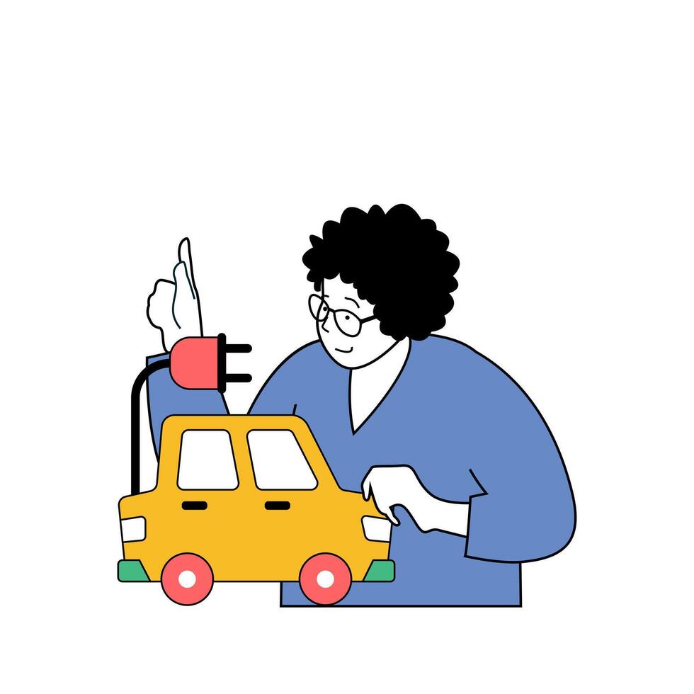 Ecology concept with cartoon people in flat design for web. Woman charging electric car at station to protecting environment at planet. Vector illustration for social media banner, marketing material.