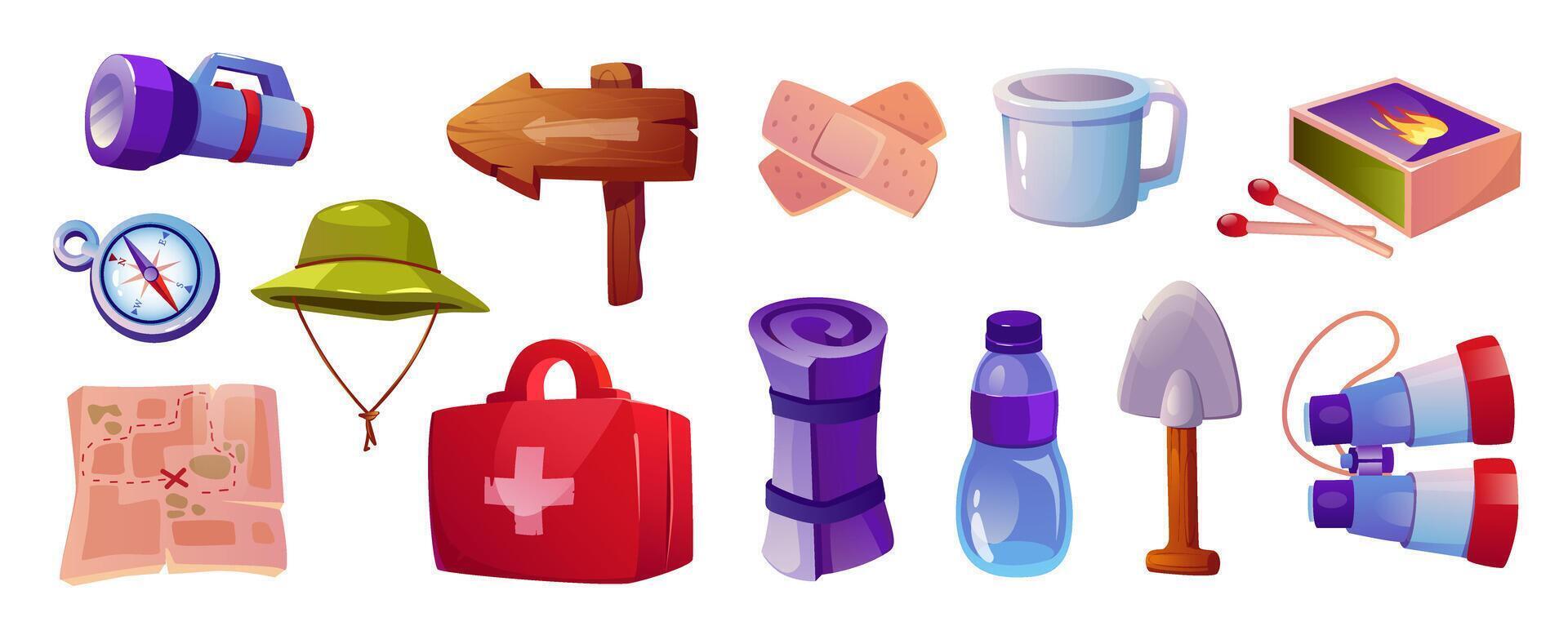 Tourism equipment mega set in cartoon graphic design. Bundle elements of flashlight, compass, hat, hiking map, first aid kit, signboard, mat, bottle, cup, shovel. Vector illustration isolated objects