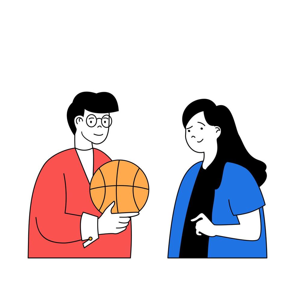 colegio aprendizaje concepto con dibujos animados personas en plano diseño para web. estudiantes con pelota jugando baloncesto y formación a competencia. vector ilustración para social medios de comunicación bandera, márketing material.
