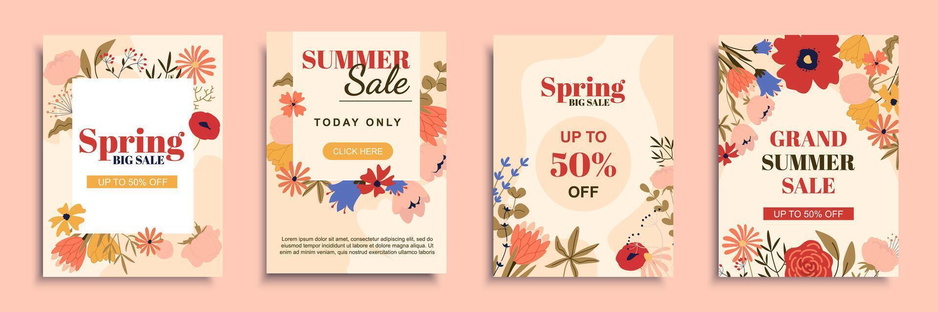Spring and summer sales cover brochure set in flat design. Poster templates with discount promotions and special offer cards with abstract flowers and wildflowers, leaves on twigs. Vector illustration