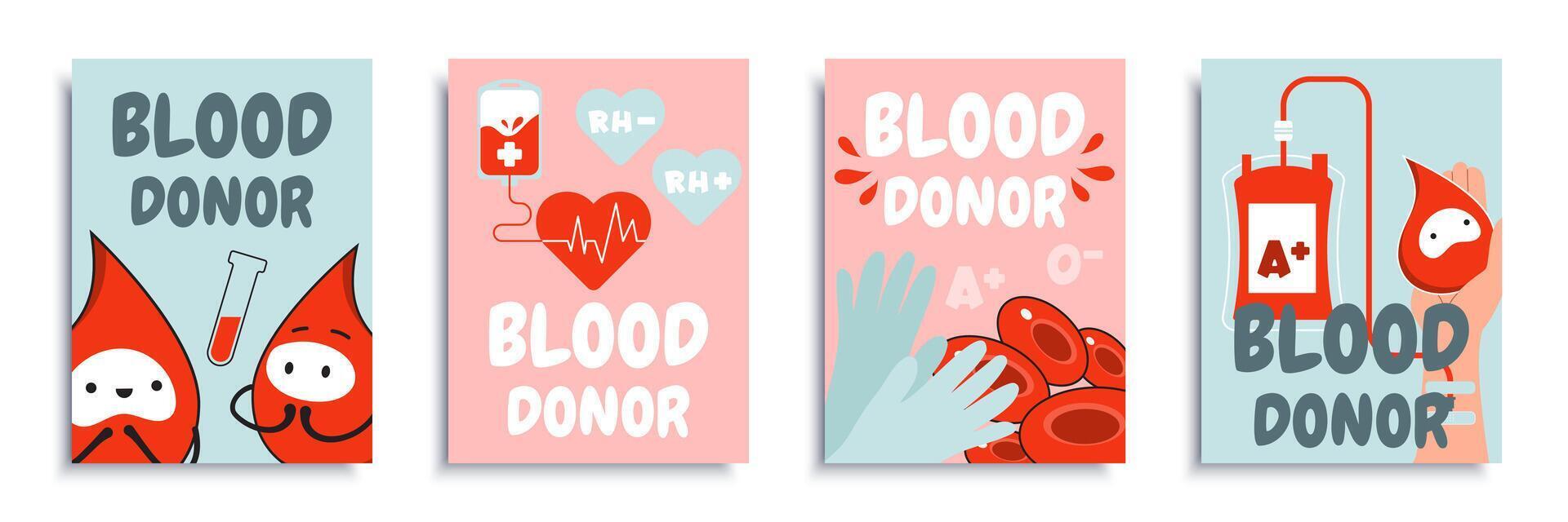 Blood donor cover brochure set in flat design. Poster templates with cute drop characters, test tubes with der liquid, droppers, cells, medical gloves, other symbols of donation. Vector illustration.