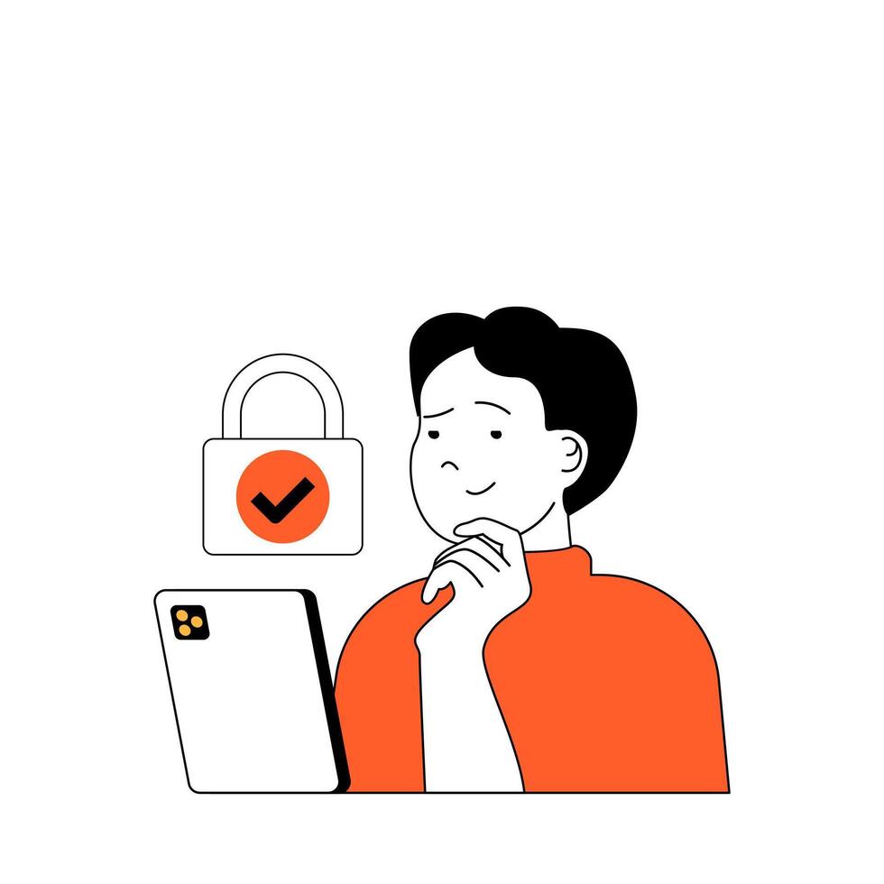 Cyber security concept with cartoon people in flat design for web. Man uses security system with padlock password access at mobile app. Vector illustration for social media banner, marketing material.
